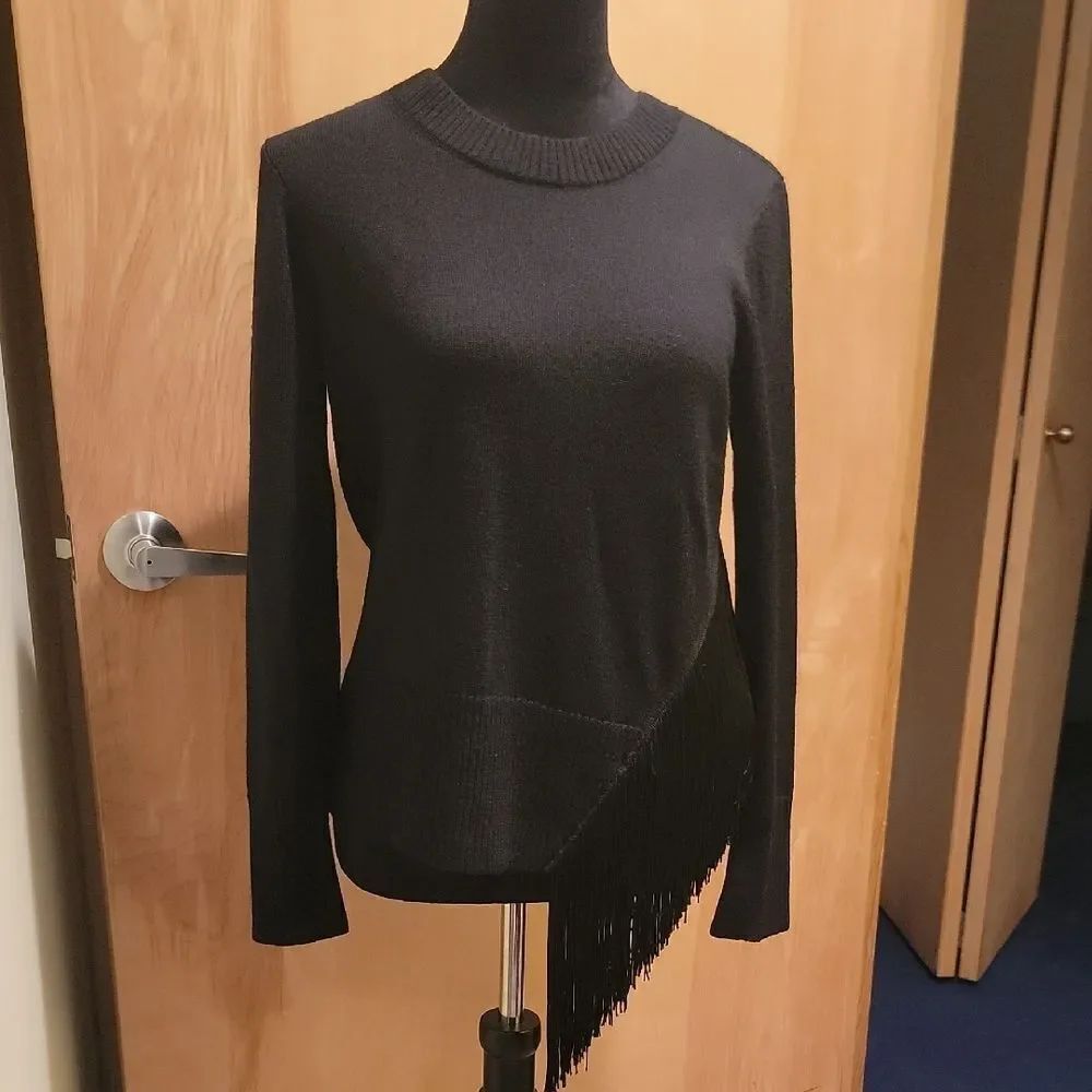 Milly Elegant Black Sweater with Fringe Detail Sz Med